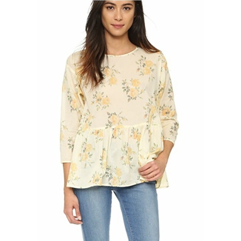 THE GREAT. The Wanderer Yellow Rose Floral Cotton Gauze Peplum Blouse Size 0 XS